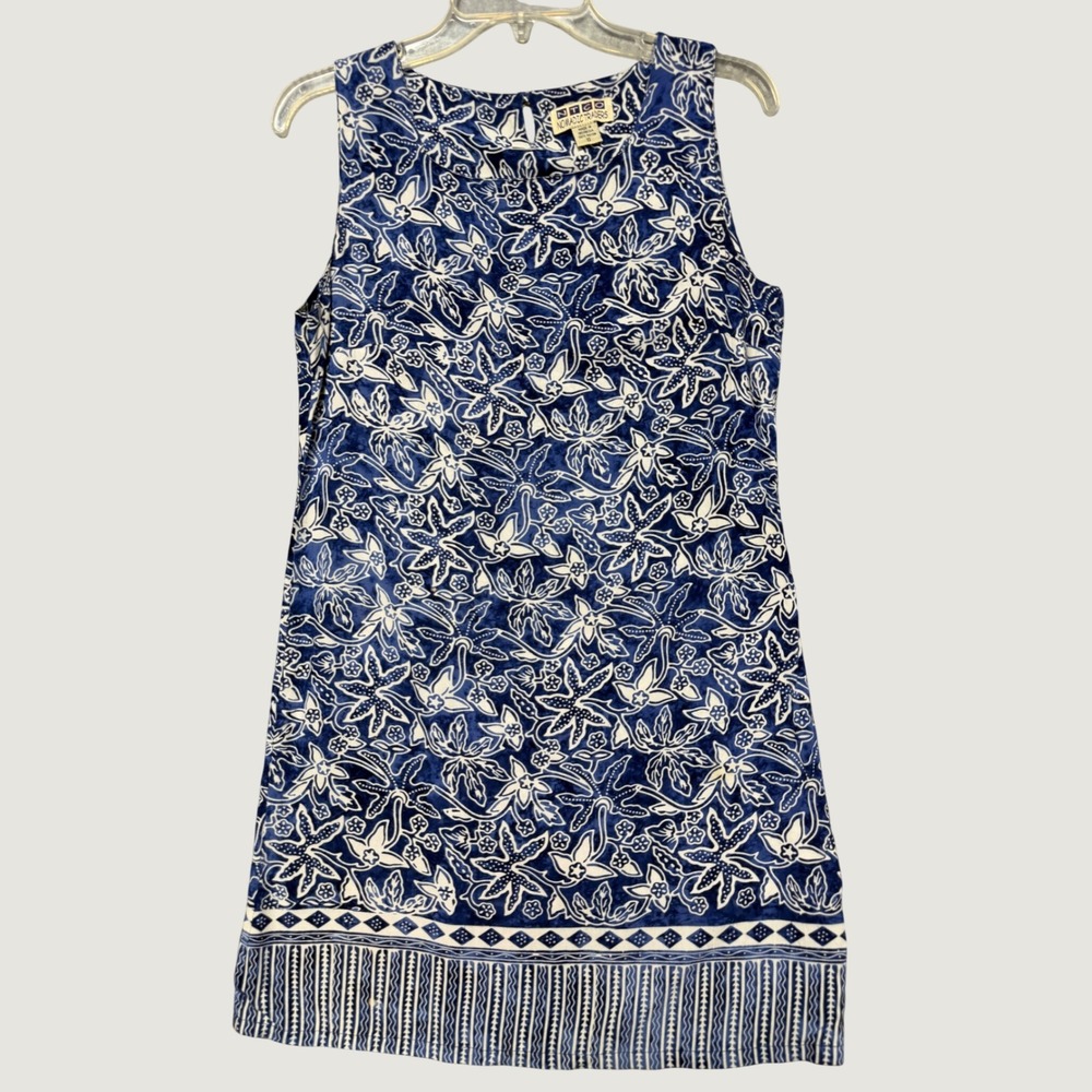 Nomadic Traders Blue White‎ Batik Floral Rayon Sleeveless Shift Dress Womens S